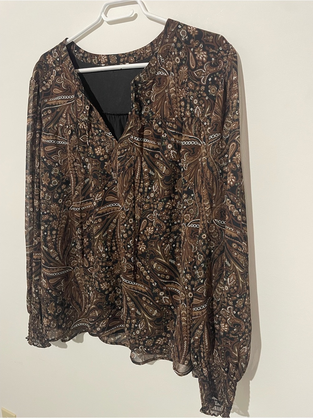 Paisley V-Neck Long Sleeve Blouse - Brown